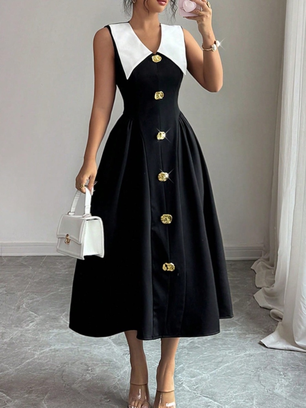 Luxe Solid Button Detail Wide Collar Flared High Waisted Dress - Picture 11 of 11